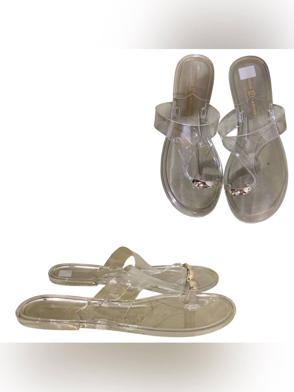 Chinese Laundry Clear Jelly Thong Sandals with Gold Accent S6